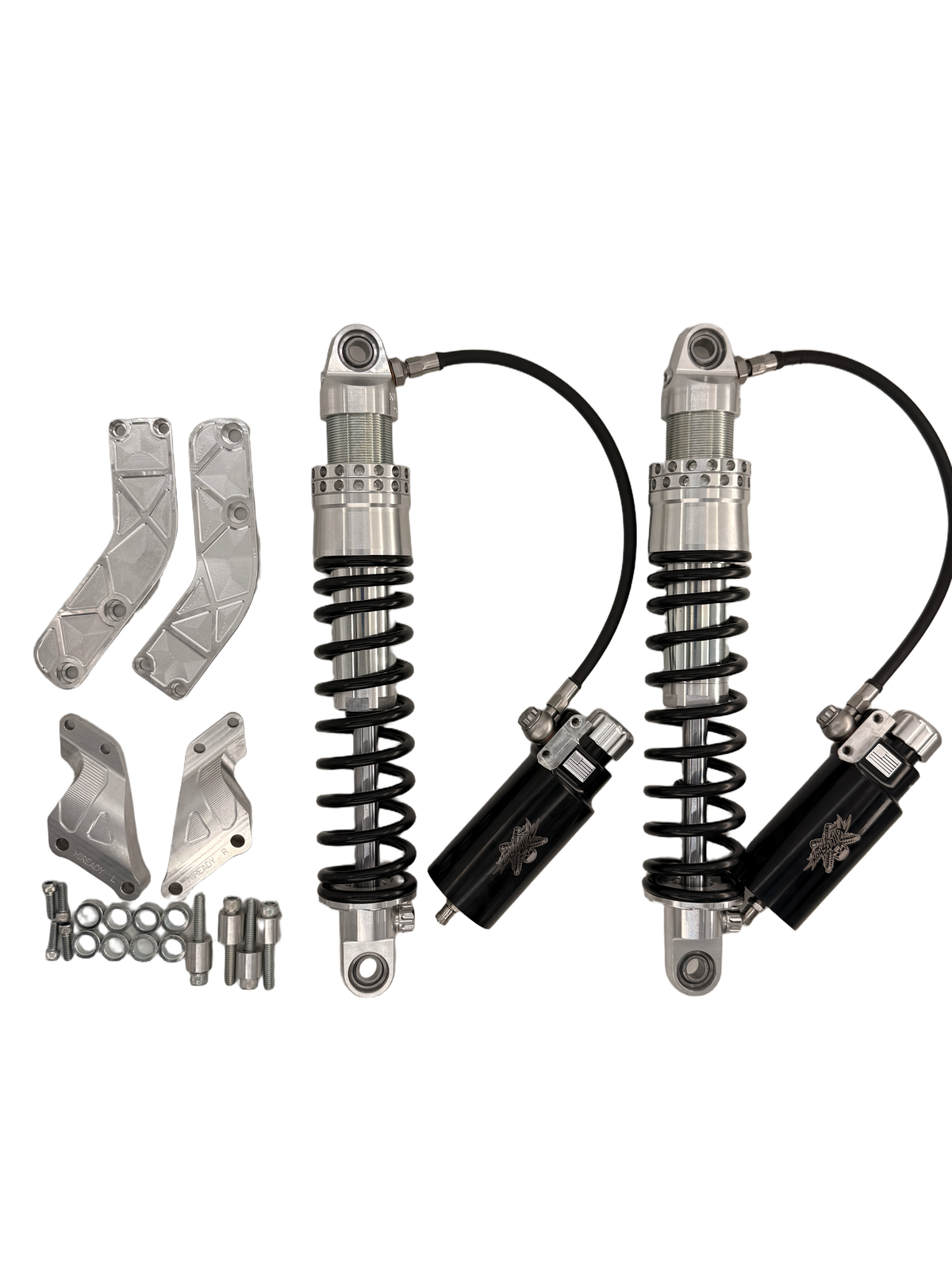 Killer Shox remote reservoir shock pair with mounting hardware — original product photograph on white
